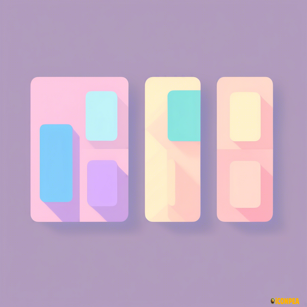 Create an icon with 3 rectangles. The rectangles should be 1.5 times taller than they are wide. The middle rectangle should be on top of the other two, overlapping them. It should be higher than the other two. Each rectangle should be a different pastel color.