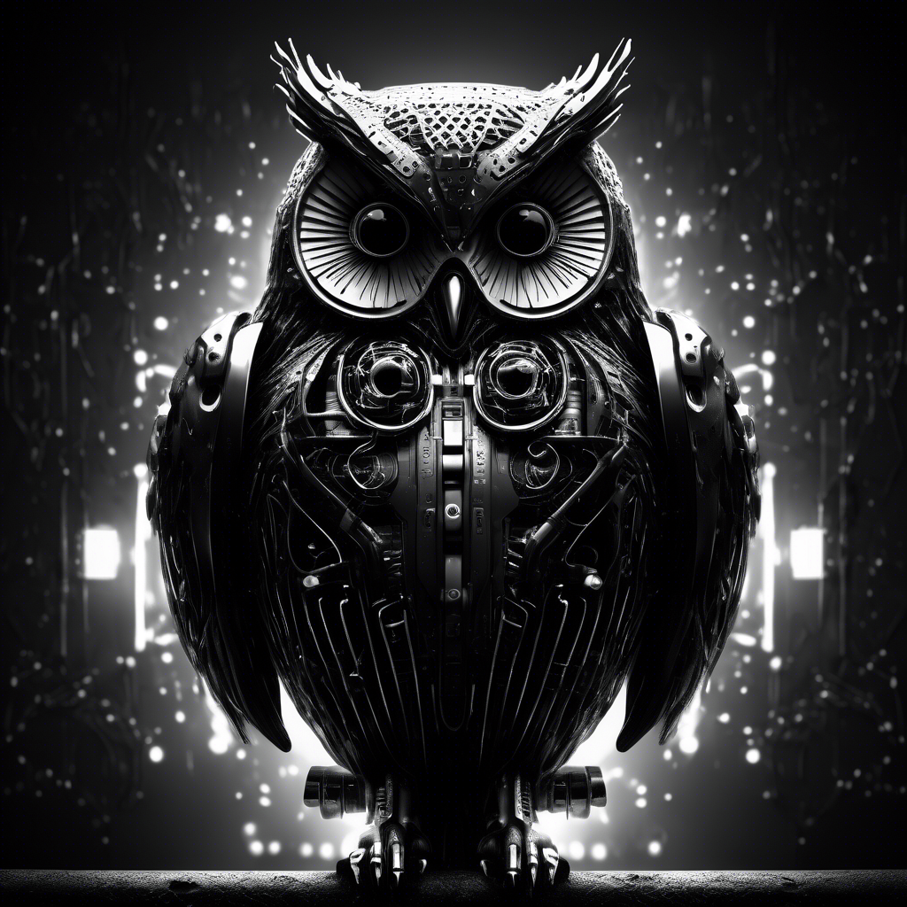 cyber owl in black and white moody dark atmosphere
