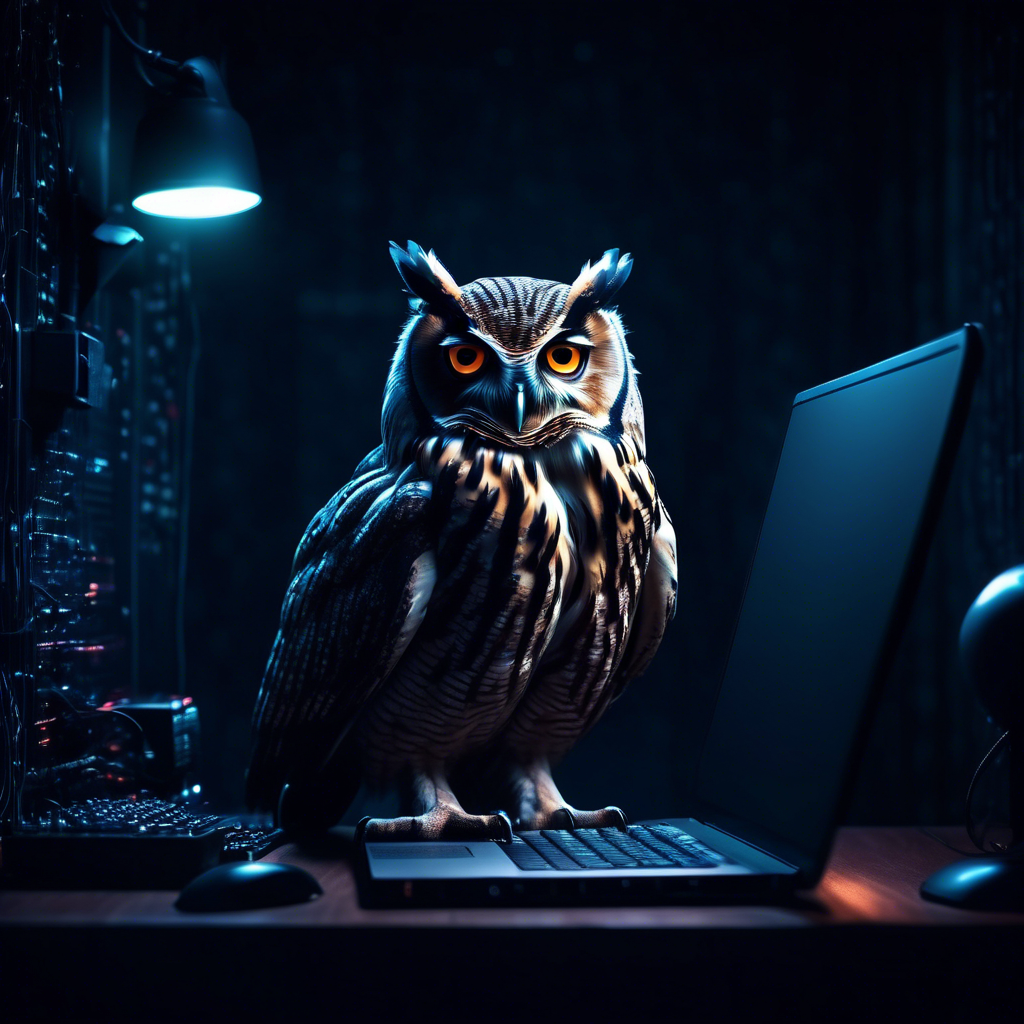 cyber night owl in a dark moody room. surveillance, spy, hacker, coder