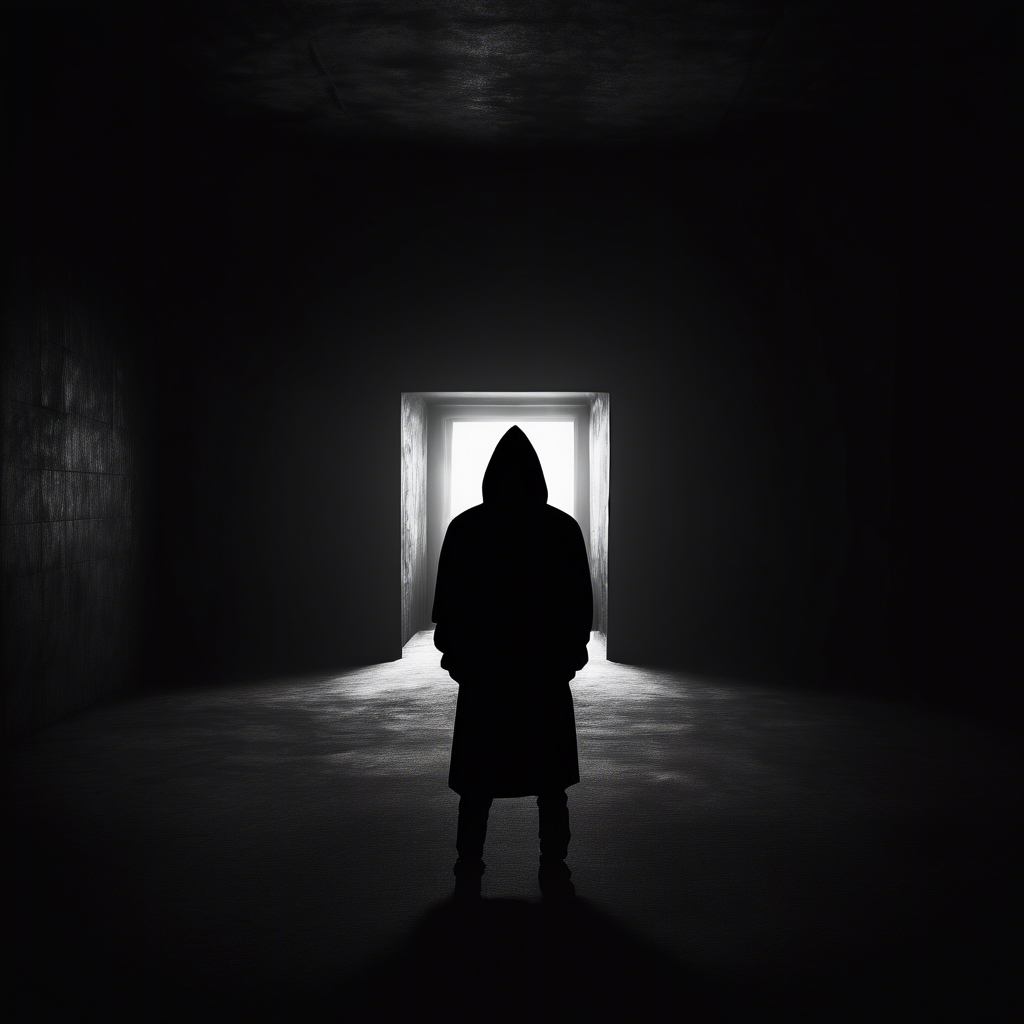 dark moody room with a siluette wearing a black hoodie, stearing at the viewer