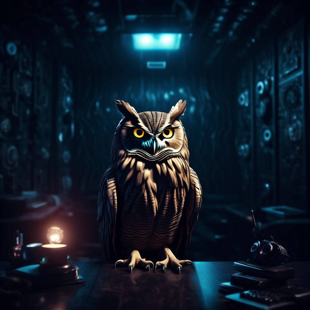 cyber night owl in a dark moody room illuminati behind