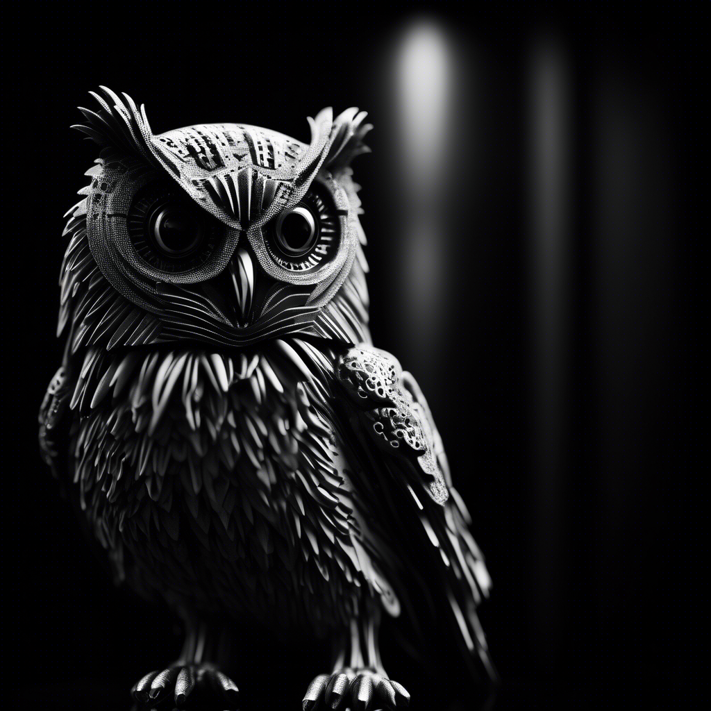 cyber spy owl in black and white moody dark atmosphere