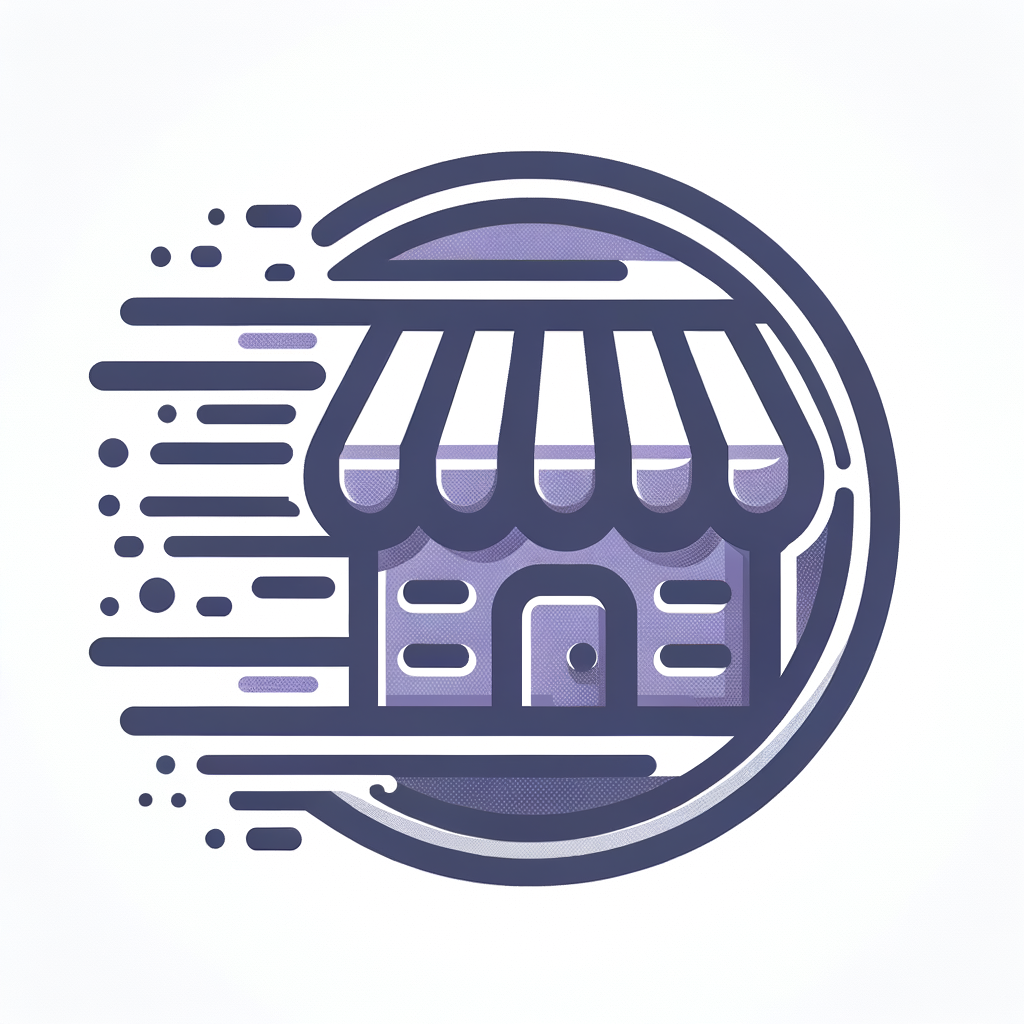 Store icon with dynamic speed lines, seller service concept, flat design, purple and gray colors, minimal detail, vector SVG