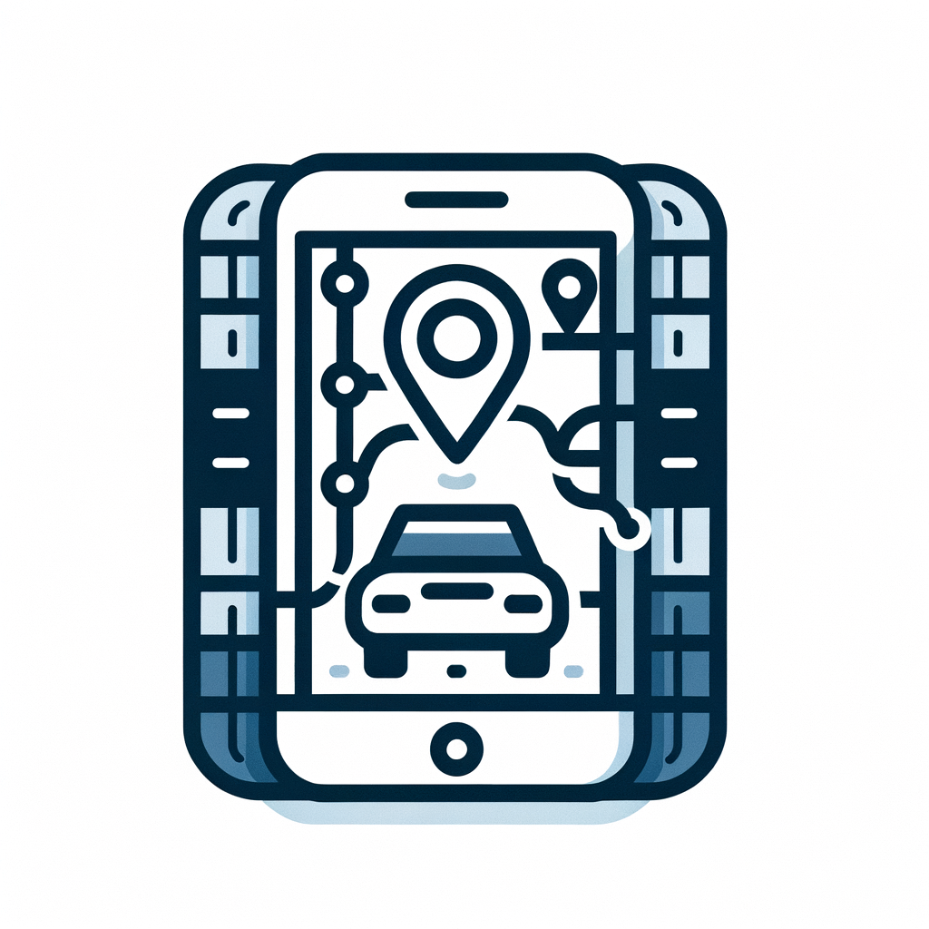 A clean flat mobile app icon for self-driving route planning, combining a car, route line, and map pin, modern travel utility style, minimal vector design, clear geometry, centered composition, white background, no text, no mockup