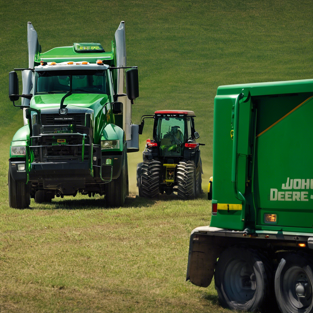 a truck facing away from a john deere tractor