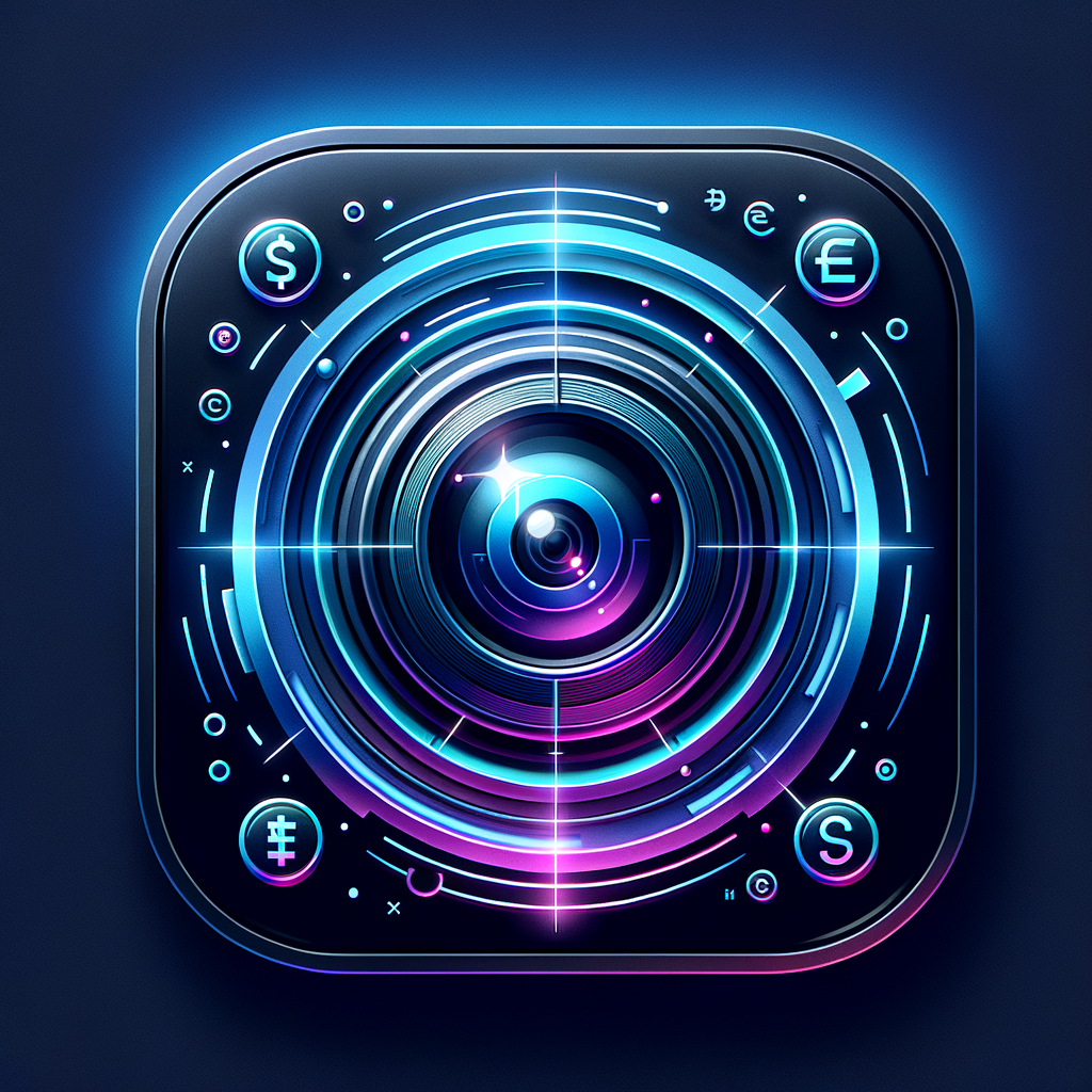Create a premium iOS app icon with a futuristic camera lens as the core element, representing AI-powered price recognition. Surround it with subtle orbiting currency symbols forming a circular motion, suggesting real-time conversion.  Use liquid glass style with soft 3D depth, glossy reflections, and translucent layers. Apply a multi-layer gradient with vibrant neon tones (electric blue, violet, cyan glow).  Ensure the icon is minimal yet expressive, with strong visual hierarchy and perfect readability at small sizes.  Make it feel like a top App Store fintech app, similar to Apple or Google design quality.  No text, no clutter, highly polished, ultra high resolution.