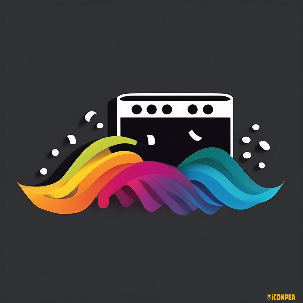 Design an icon representing a film strip unrolling into a stream. This will hint that video, though traditional, still flows through a digital stream. - **Color:** Black or dark gray for the film strip and bright colors for the "stream." - **Shape:** An unrolled film strip that appears to release emotions or images in the form of waves or lines.