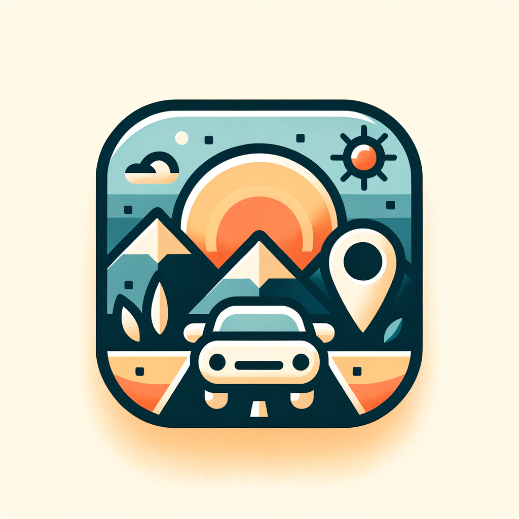 A clean flat mobile app icon of self-driving travel inspiration, combining a car, mountains, sunrise, and a map pin, lifestyle community aesthetic, soft rounded shapes, warm and friendly, minimal vector style, centered composition, white background, no text, no mockup