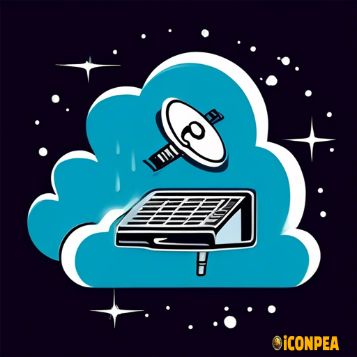 simple icon, server in cloud sending wireless signals to satellite in space