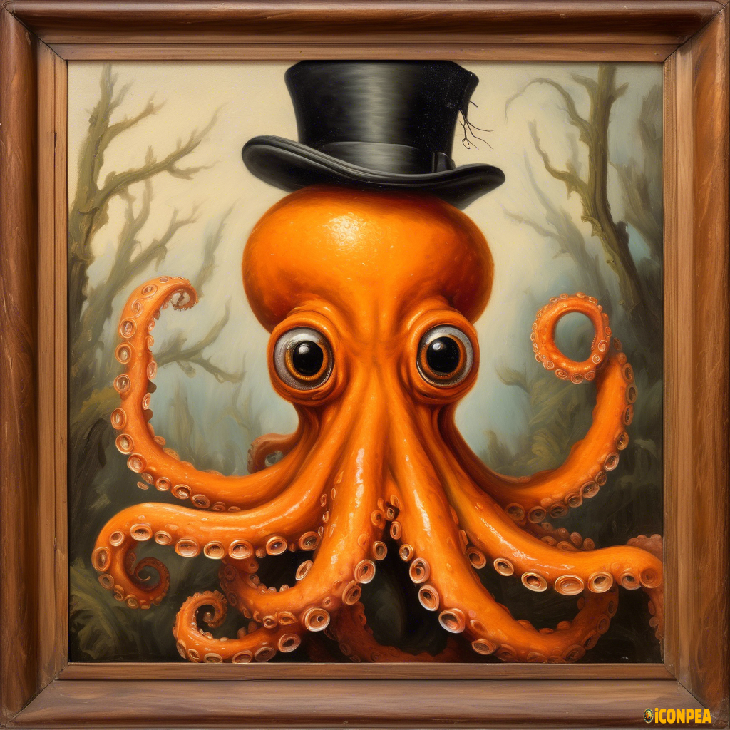 An old oil painting depicting a cute orange octopus in a top hat, in a wood frame