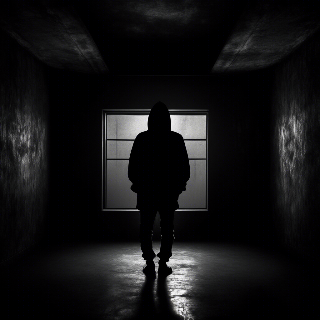 dark moody room with a siluette wearing a black hoodie, stearing at the viewer