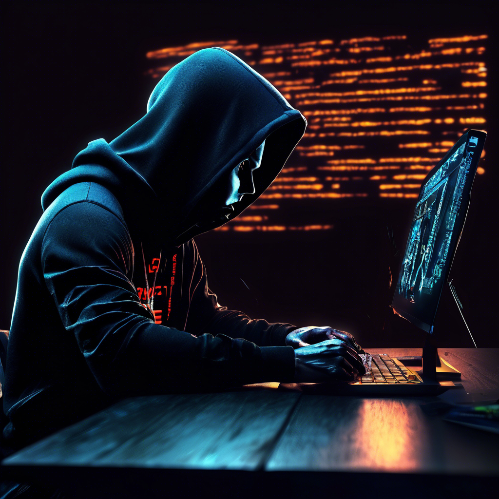 siluette with a black hoodie, stearing at a computer screen with code and energy drinks on the table