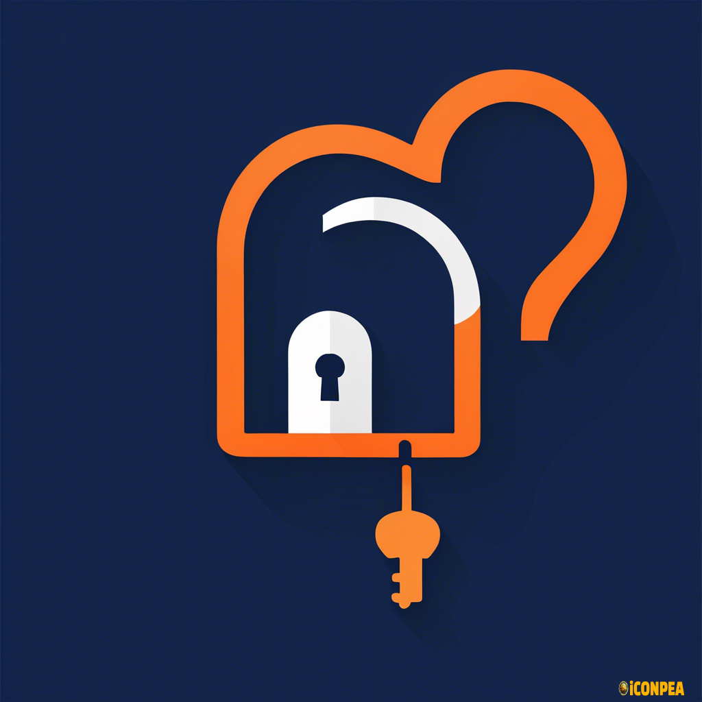 an icon for a locked room app in navy, orange and white include a key and question mark
