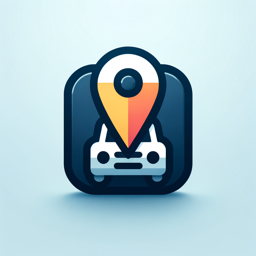 Minimal mobile app icon, car and map pin only, flat vector, simple geometric shapes, modern UI icon, rounded, clean, no vintage, no retro, no realistic details, no background scene, no text, single centered symbol