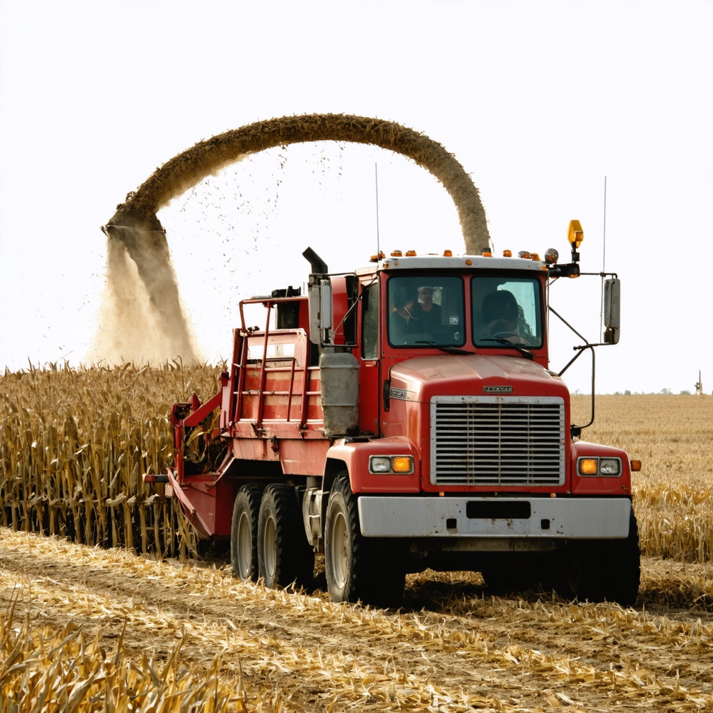 a corn harvester unloading in an american truck