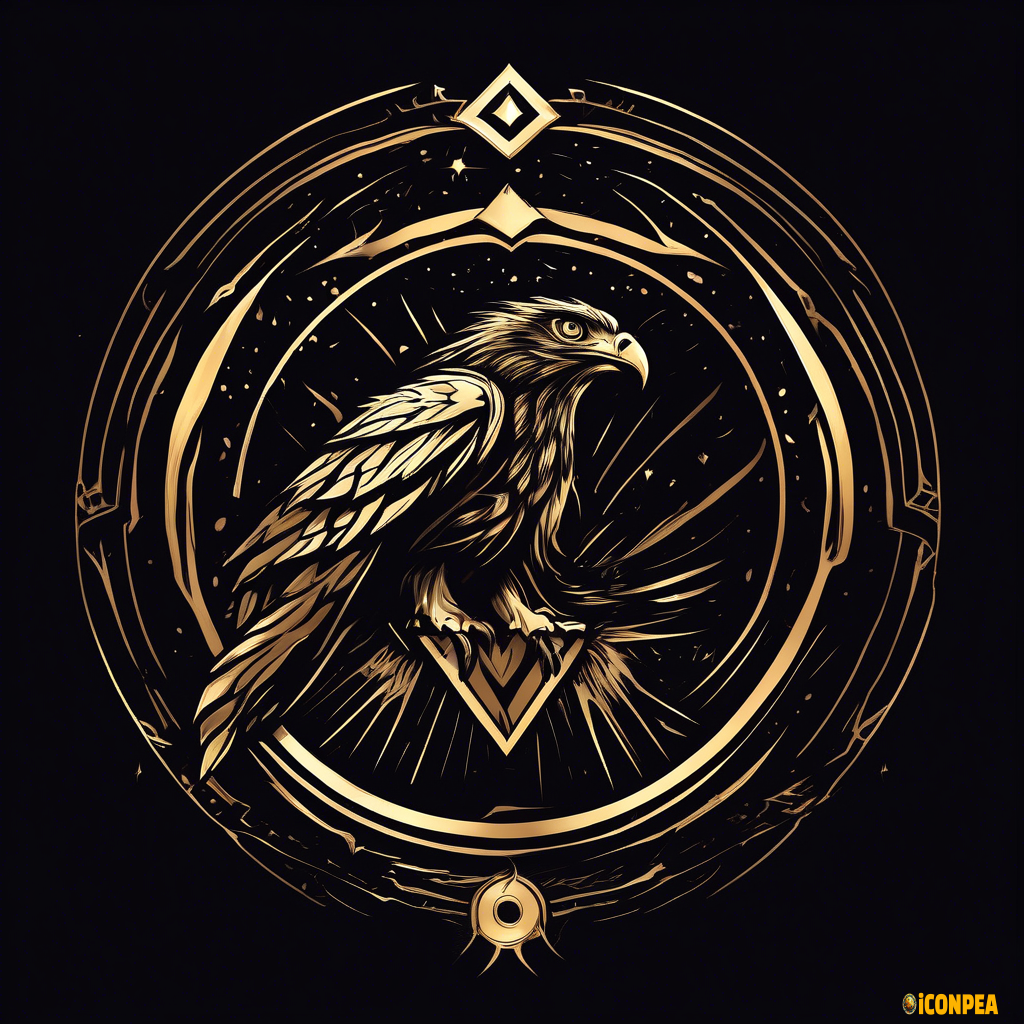 A logo for a tribe, fearsome hawk gliding above an atronomical black hole, metallic (noble, grand, sacred)