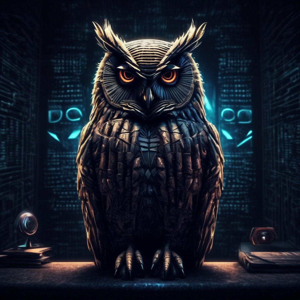 cyber night owl in a dark moody room with illuminati symbol behind the owl