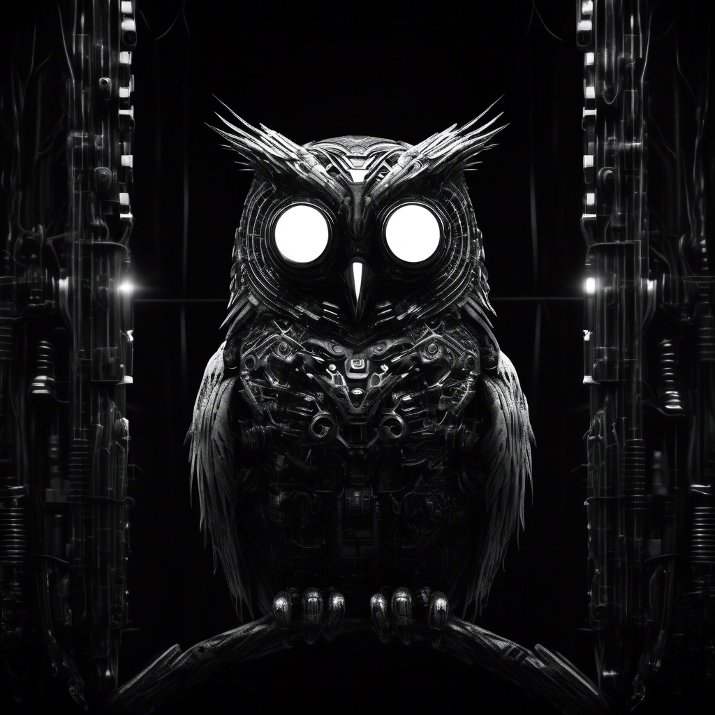 cyber owl in black and white moody dark atmosphere