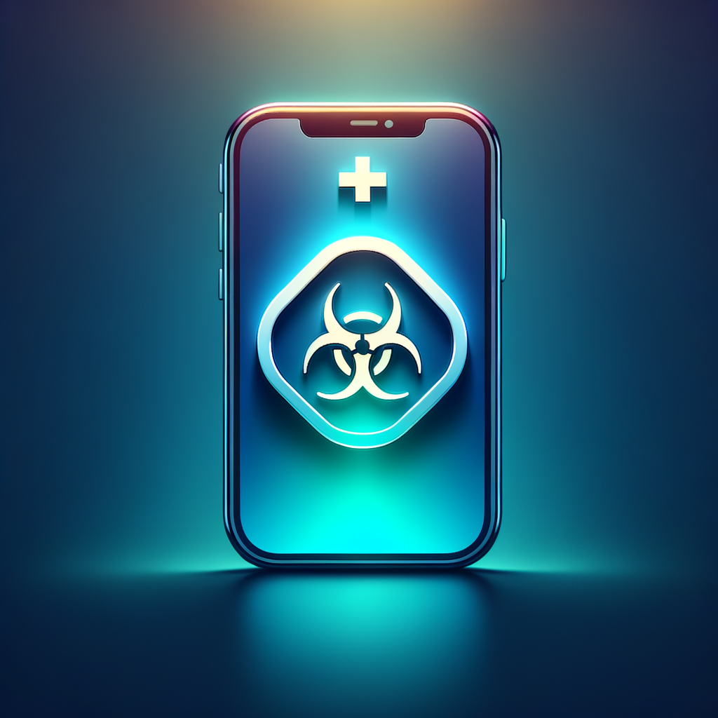 A high-end mobile app icon with a glowing medical symbol fused with a toxic hazard sign, smooth gradient background (blue to teal), soft shadows, glassmorphism style, minimal and futuristic, no text, centered composition.