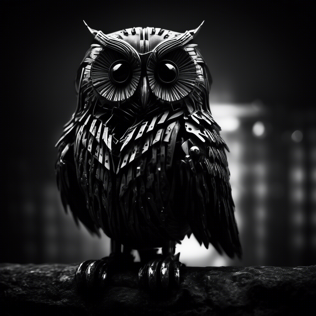 cyber owl in black and white moody dark atmosphere