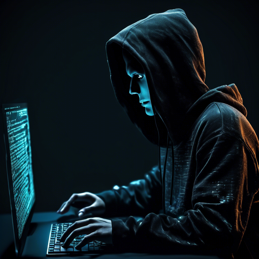 siluette with a black hoodie, stearing at a computer screen with code on the screen