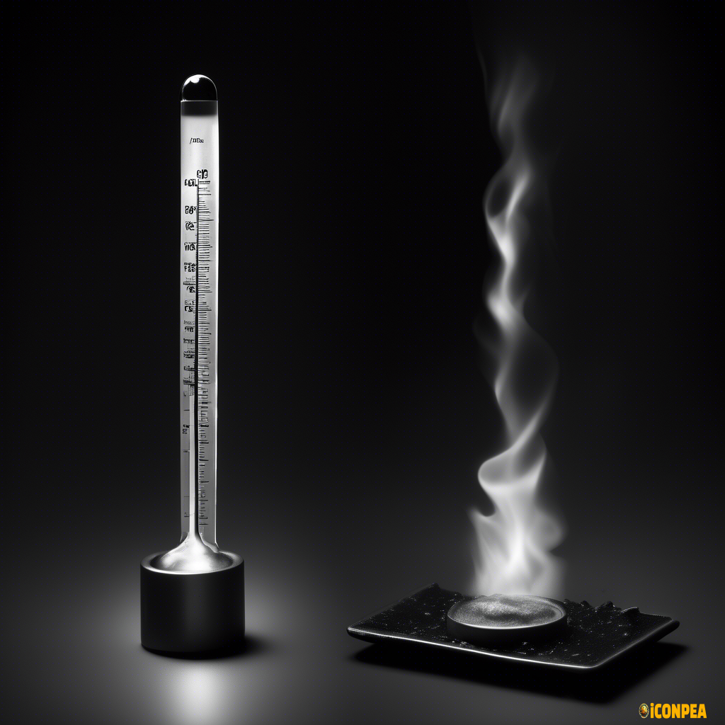A flat black and white image of a substance that conducts heat well. the left side has heat rays. the right side has a thermometer on it