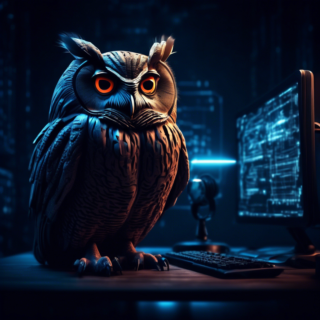 cyber night owl in a dark moody room. surveillance, spy, hacker, coder