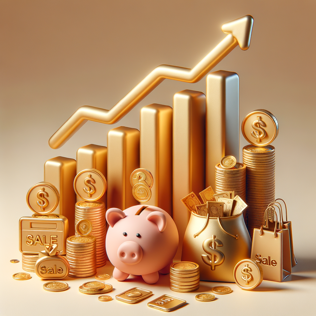 Money (coins, bills, gold) Rise of the graph Piggy bank Card / Payment Shopping / Discounts  Style. Clay 3D (cute feeling) Glossy (iPhone vibes)