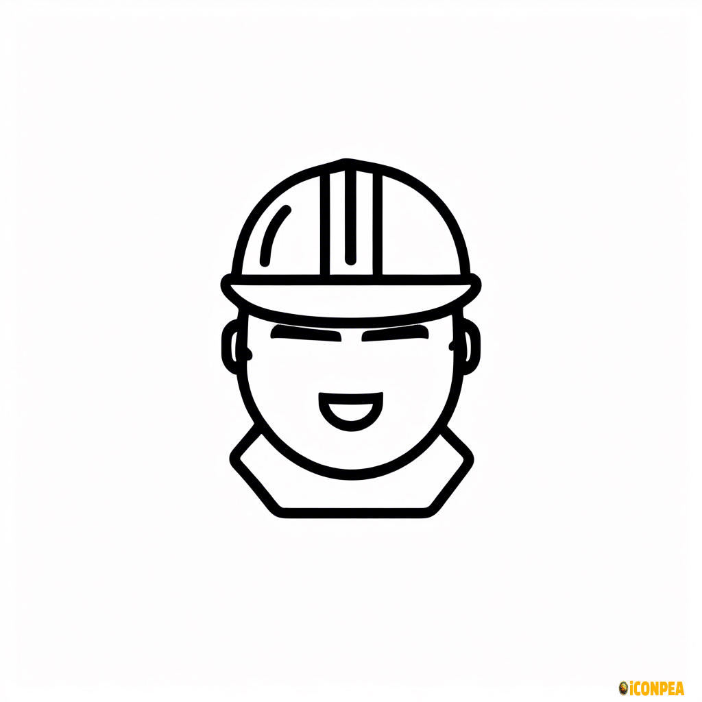 a black vector art icon for safety including a outline of a person in a hard hat on a white background
