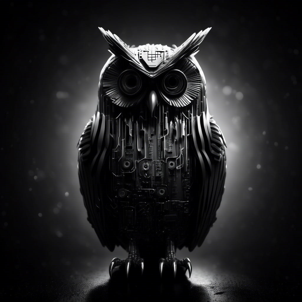 cyber spy owl in black and white moody dark atmosphere