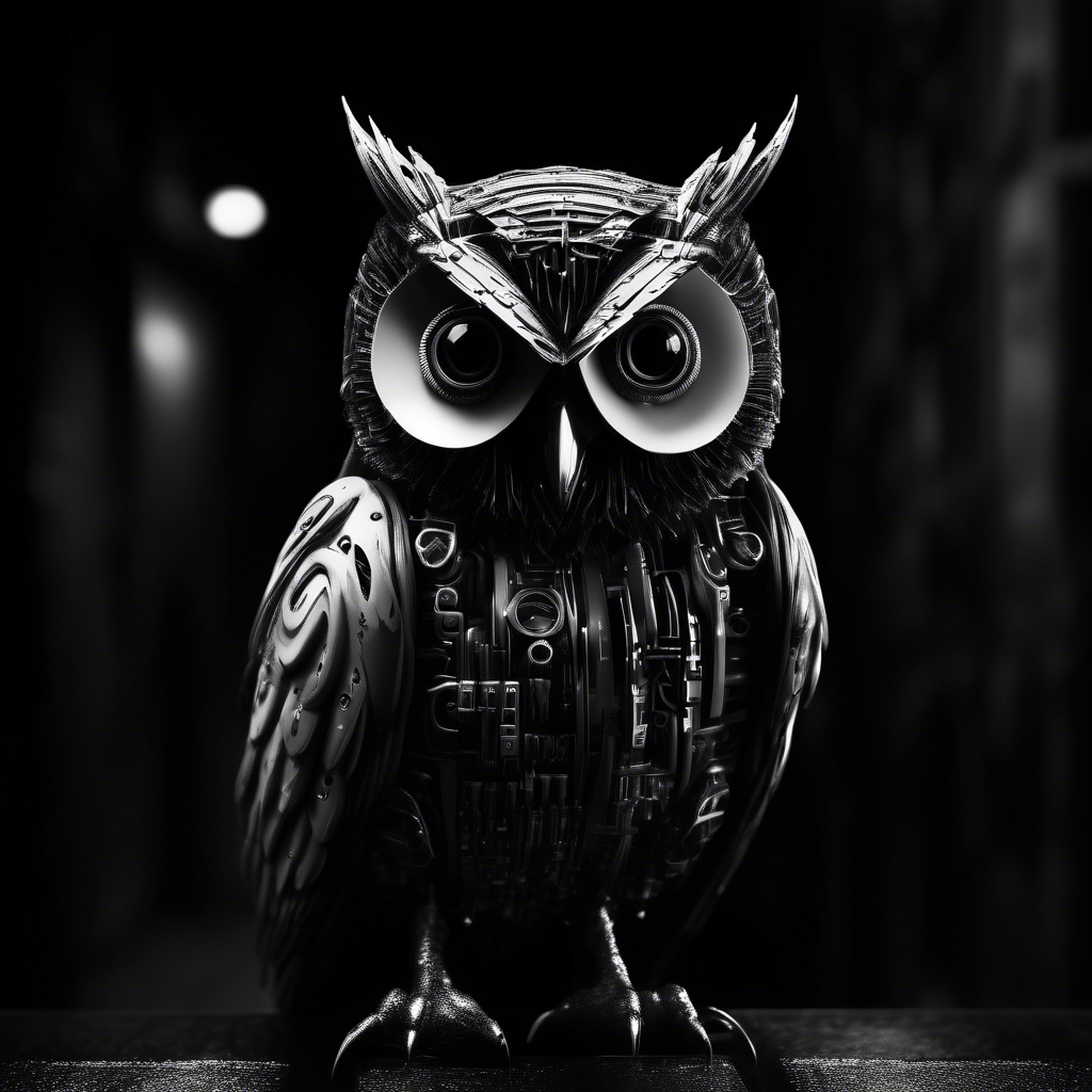 cyber spy owl in black and white moody dark atmosphere