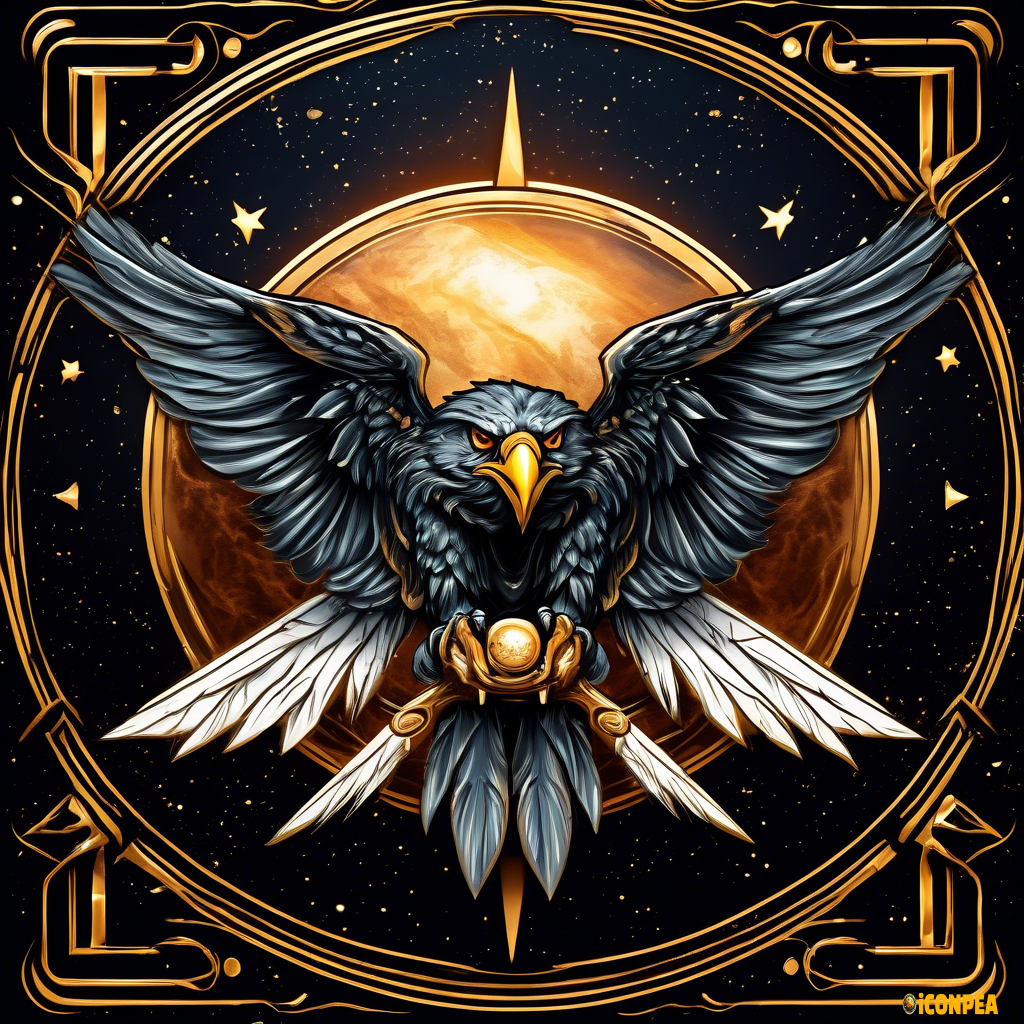 A logo for a tribe, fearsome hawk gliding above planet Jupiter, metallic (noble, grand, sacred)