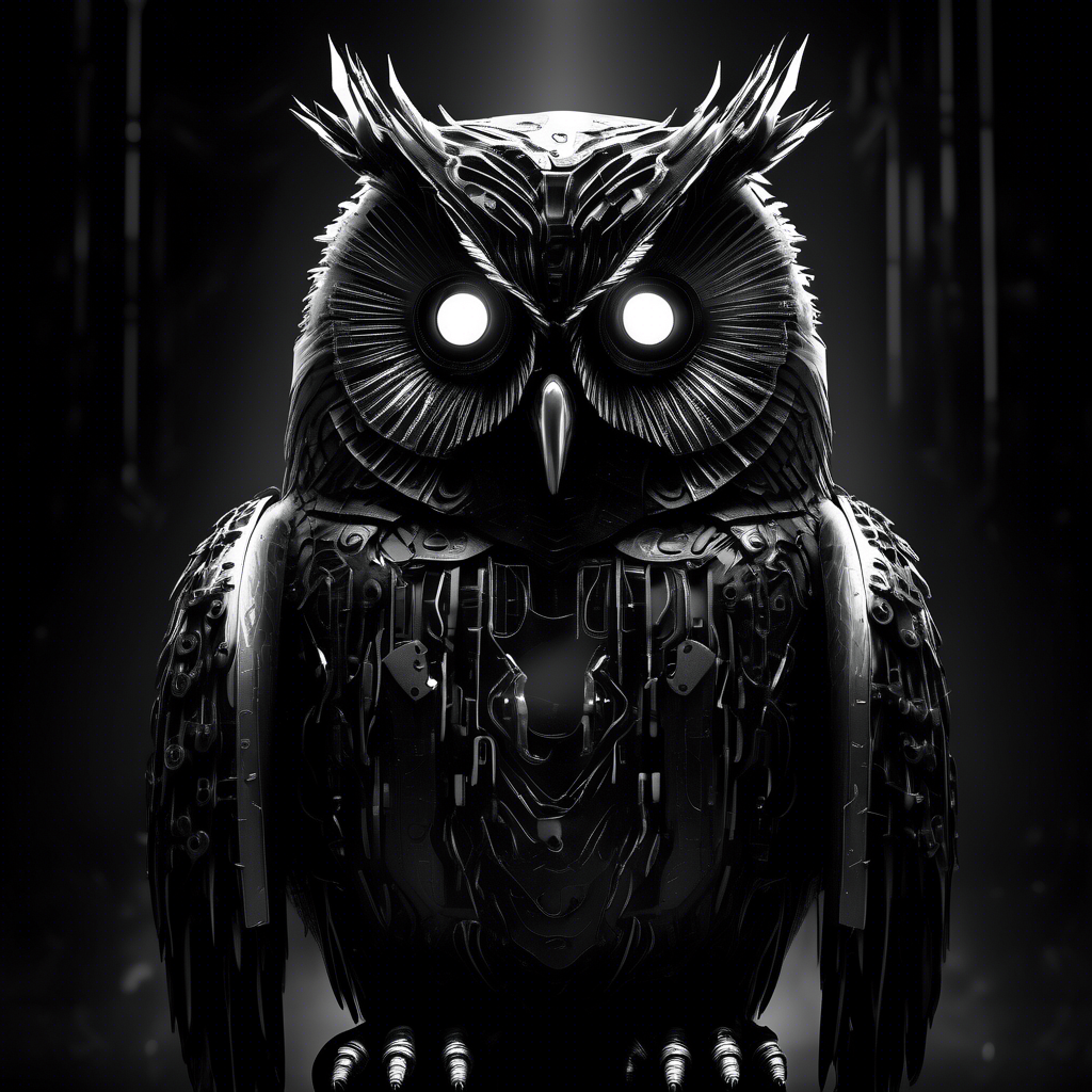 cyber owl in black and white moody dark atmosphere