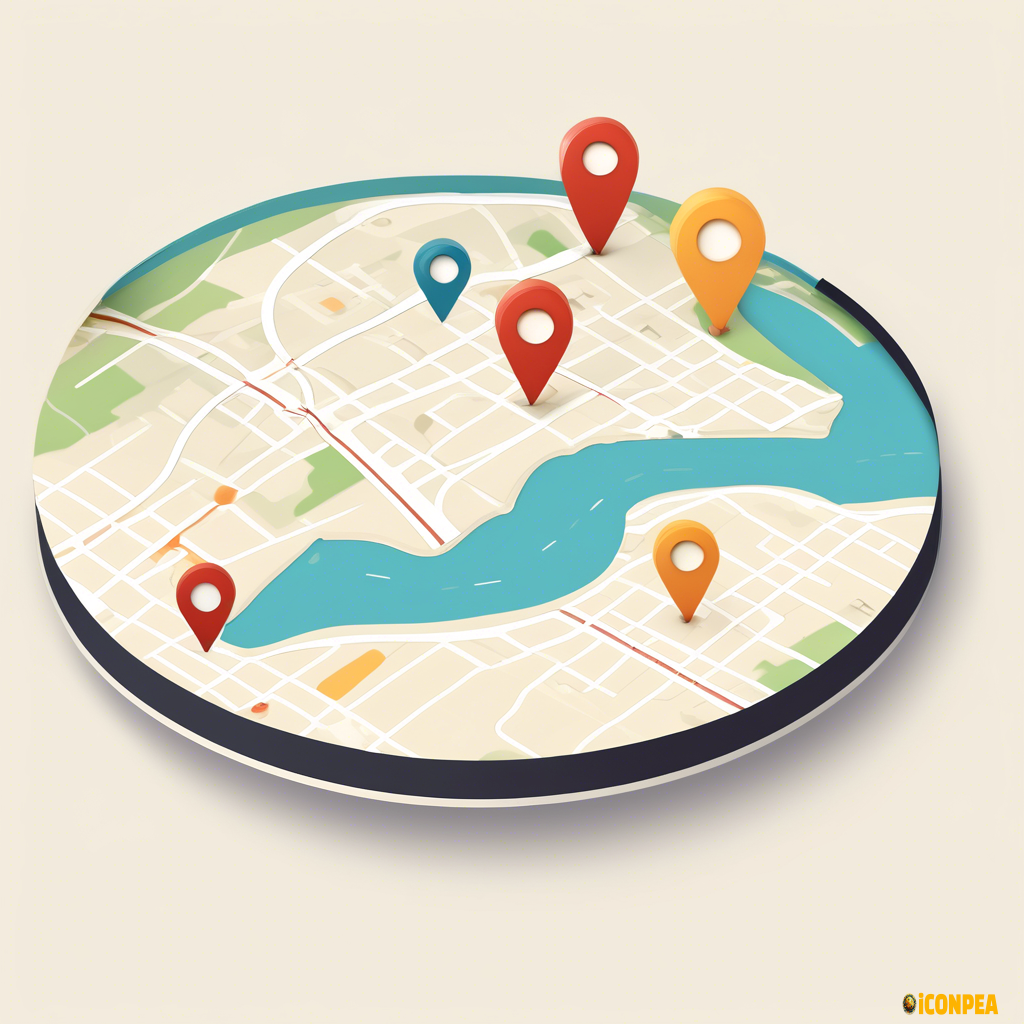 travel app, locations, routes, places, minimalistic, flat, map, round, max 3 colors, bauhaus