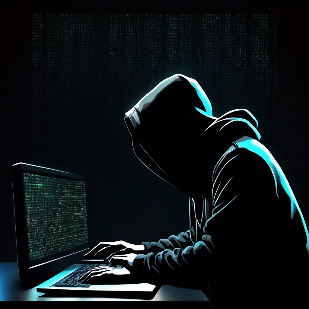 siluette with a black hoodie, stearing at a computer screen with code on the screen