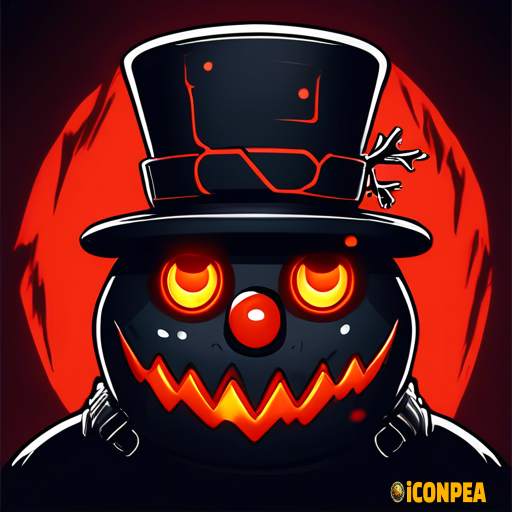 icon for app the head of an evil black snowman with red eyes, who has a big gear instead of a hat and a bitten carrot instead of a nose