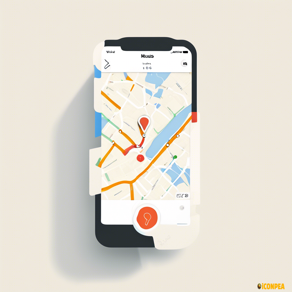 iOS app, round, travel app, locations, routes, places, minimalistic, flat, map, round, max 3 colors, bauhaus