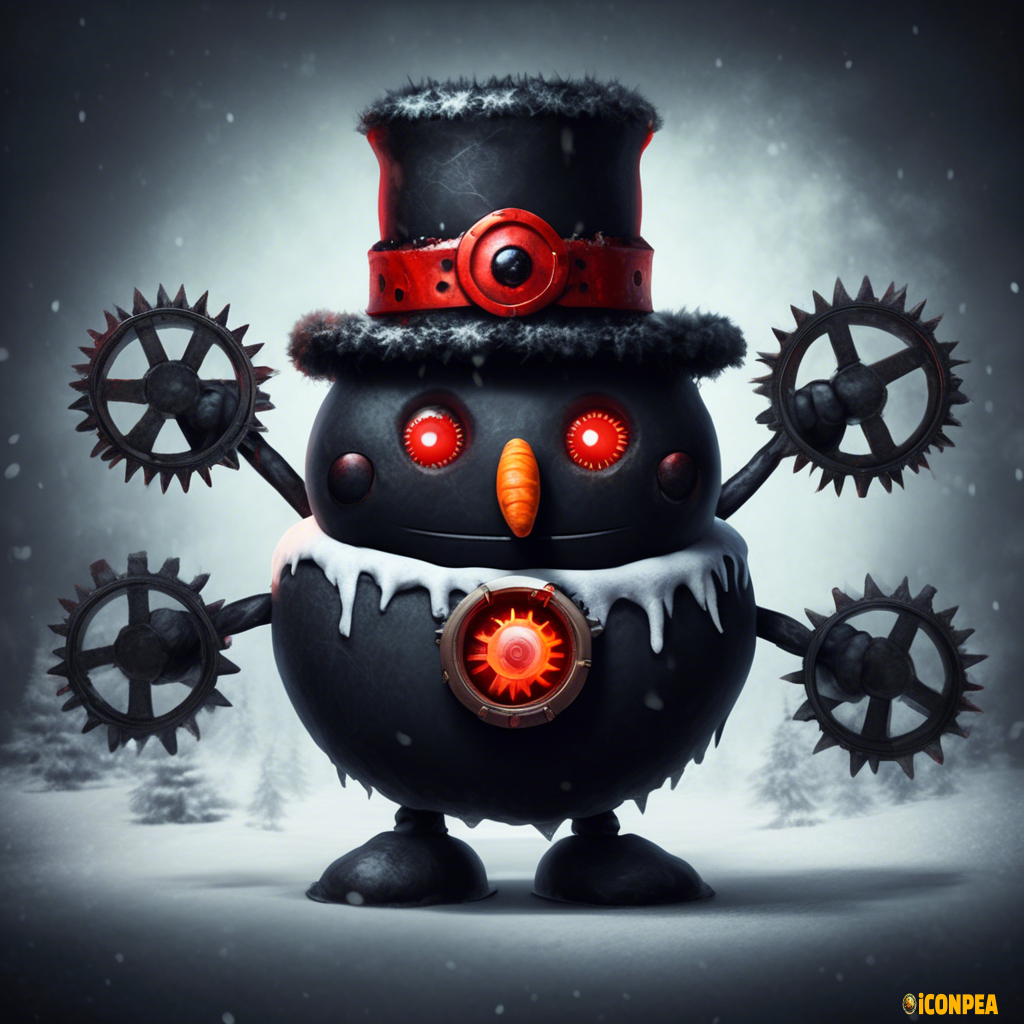 the head of an evil black snowman with red eyes, who has a big gear instead of a hat and a bitten carrot instead of a nose