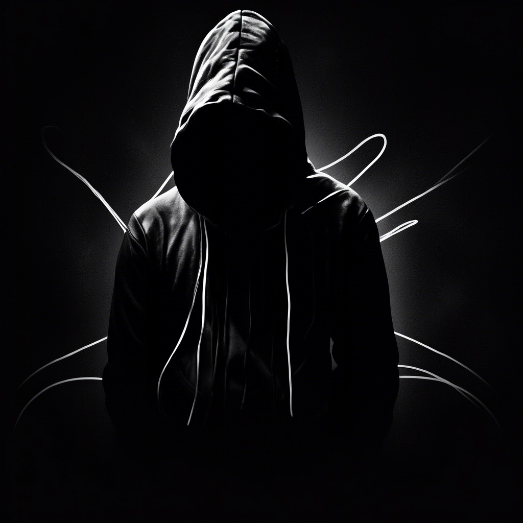 dark moody room with a portrait siluette wearing a black hoodie with white strings
