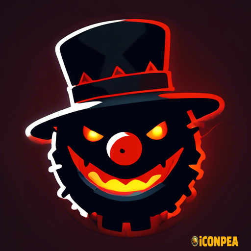 icon for app the head of an evil black snowman with red eyes, who has a big gear instead of a hat and a bitten carrot instead of a nose
