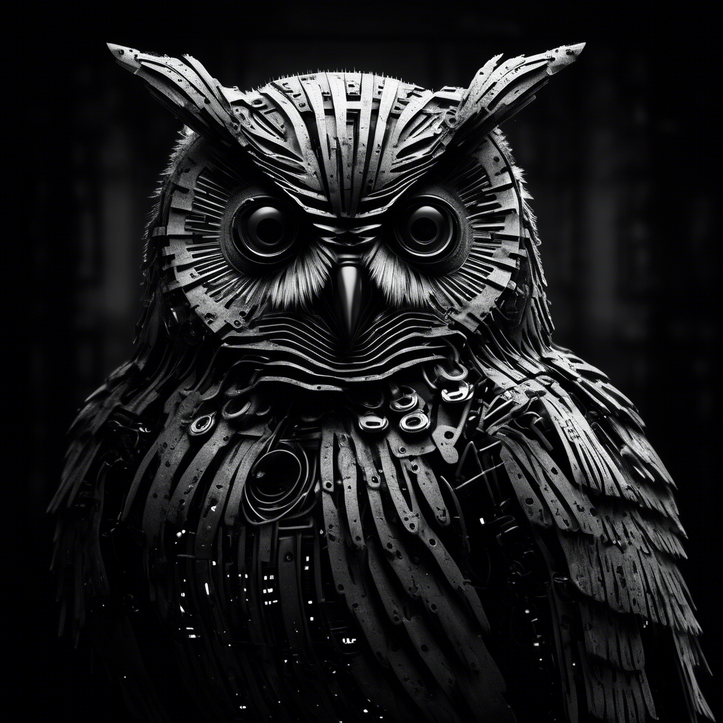 cyber owl in black and white moody dark atmosphere