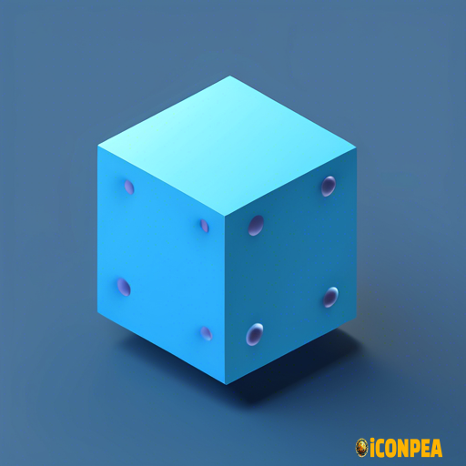 simple icon, low resolution, ai processing, blue, net dots surrounding pastel blue cube, 3d, isometric, tech design, solid dark gray background, no shadow