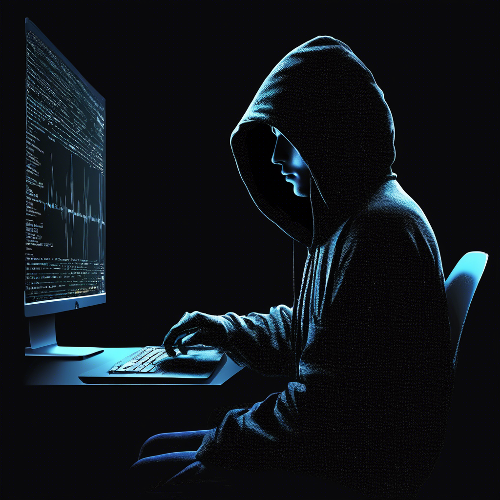 siluette with a black hoodie, stearing at a computer screen with code on the screen