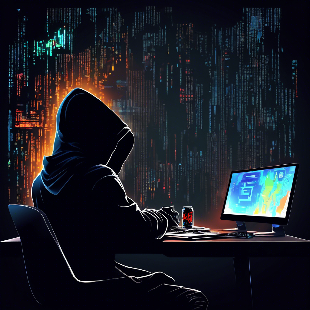 siluette with a black hoodie, stearing at a computer screen with code and energy drinks on the table