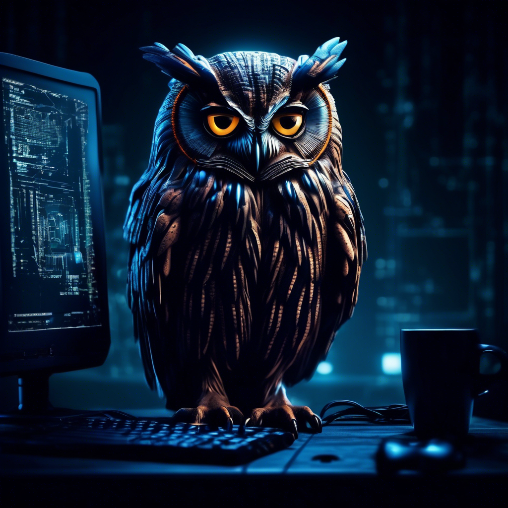 cyber night owl in a dark moody room. surveillance, spy, hacker, coder