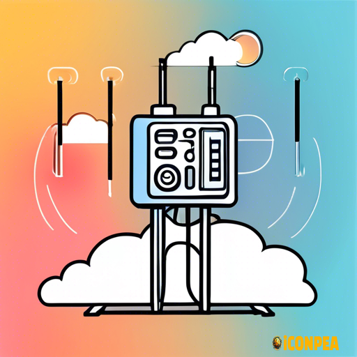 flat simple icon few colours satellite over a cloud beaming radio signals back to a server rack on the ground