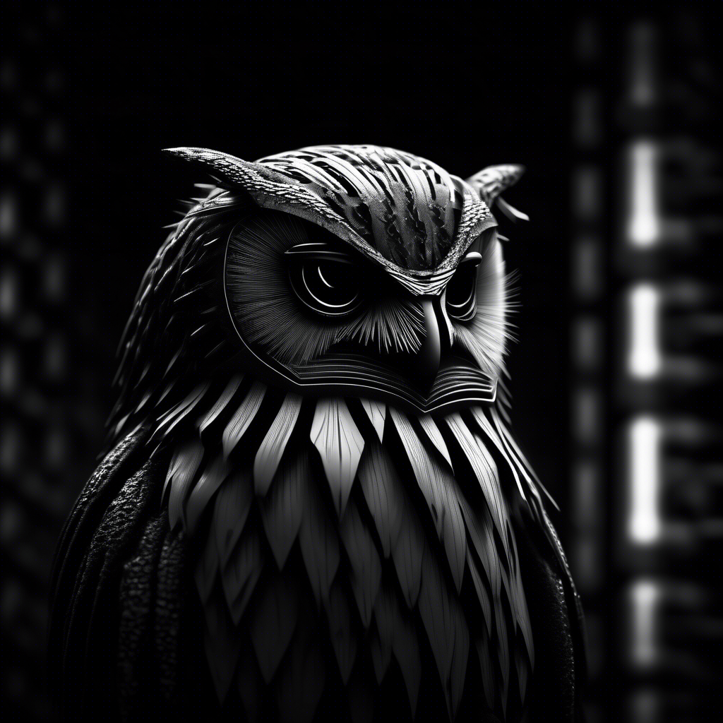 cyber spy owl in black and white moody dark atmosphere