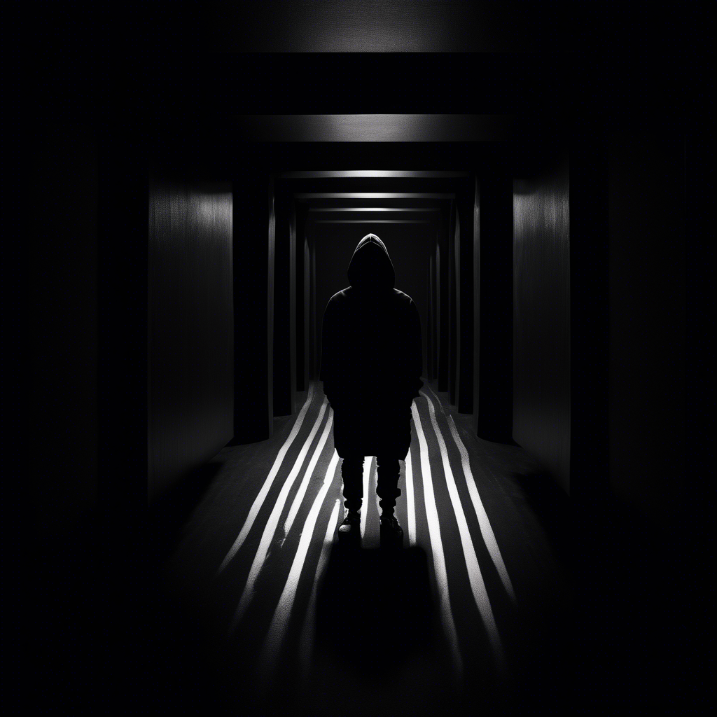 dark moody room with a siluette wearing a black hoodie with white stripes