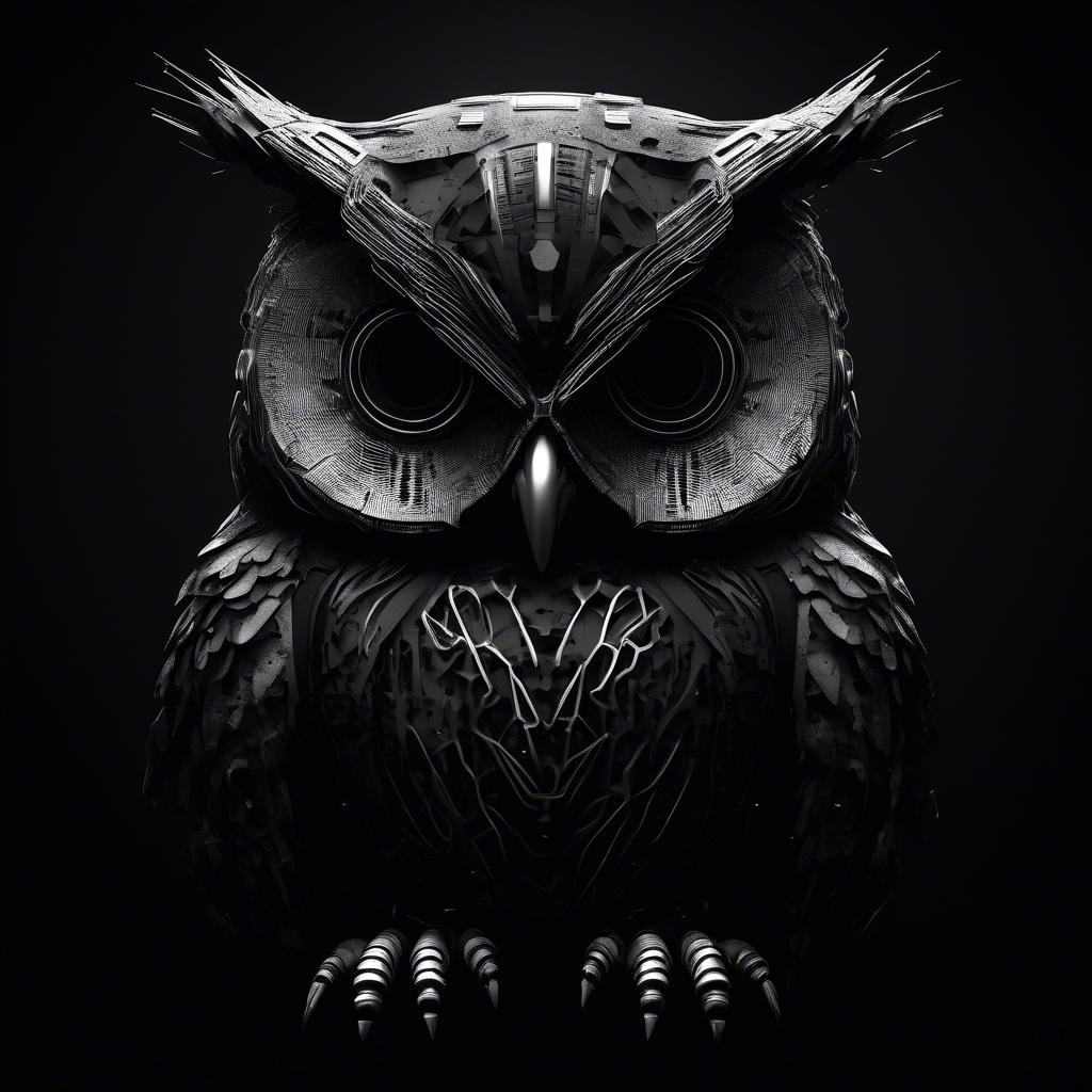 cyber owl in black and white moody dark atmosphere