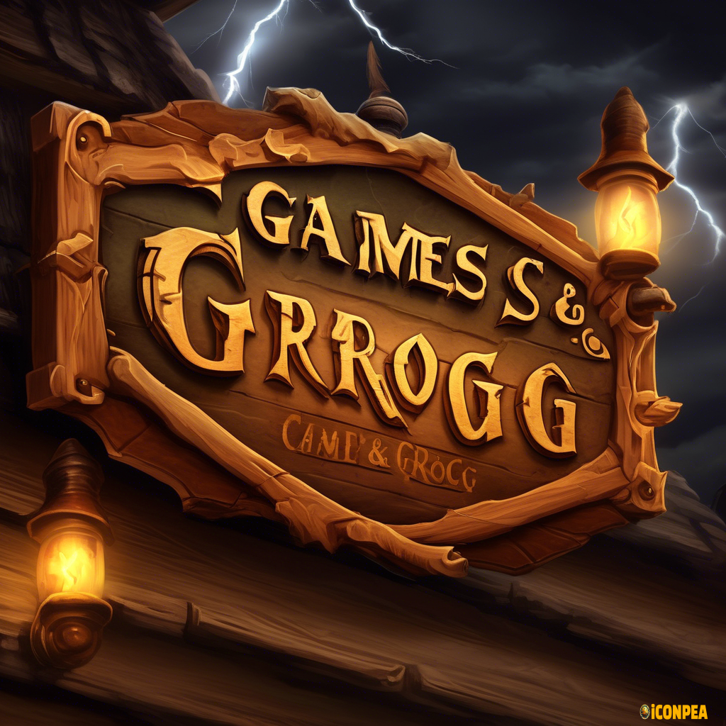 A tavern sign depicting the words “Games, Grub and Grog”